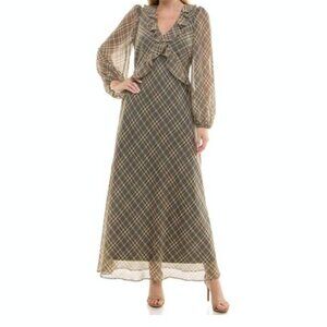 Taylor Vintage Style Ruffled Chiffon Fit & Flare V-Neck Midi Dress in Women's 12